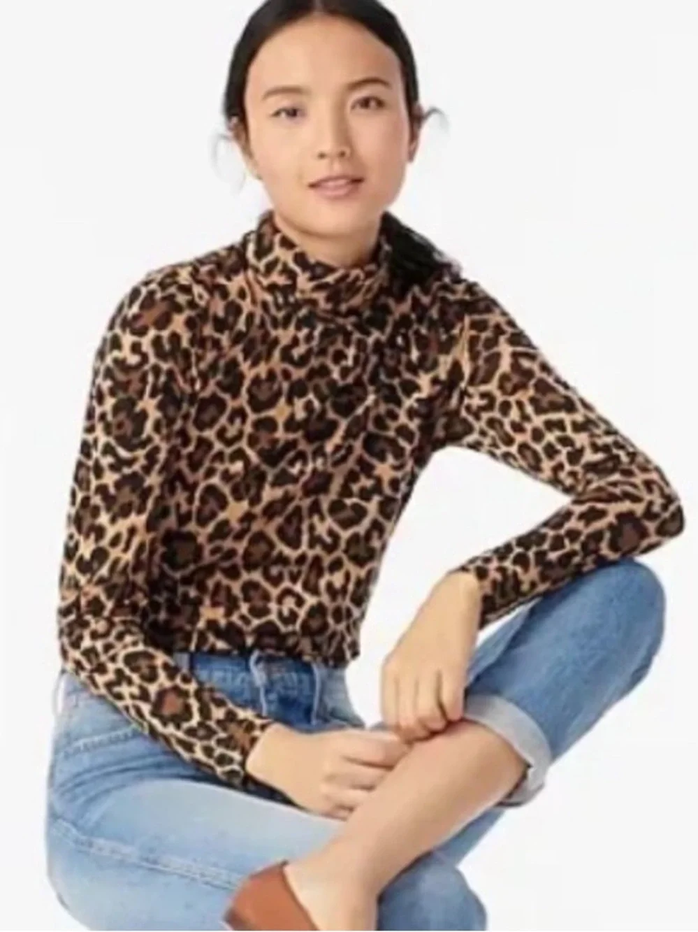 J Crew Tissue Turtleneck Brown Black Leopard Print mock neck Top‎ AS072 Size M